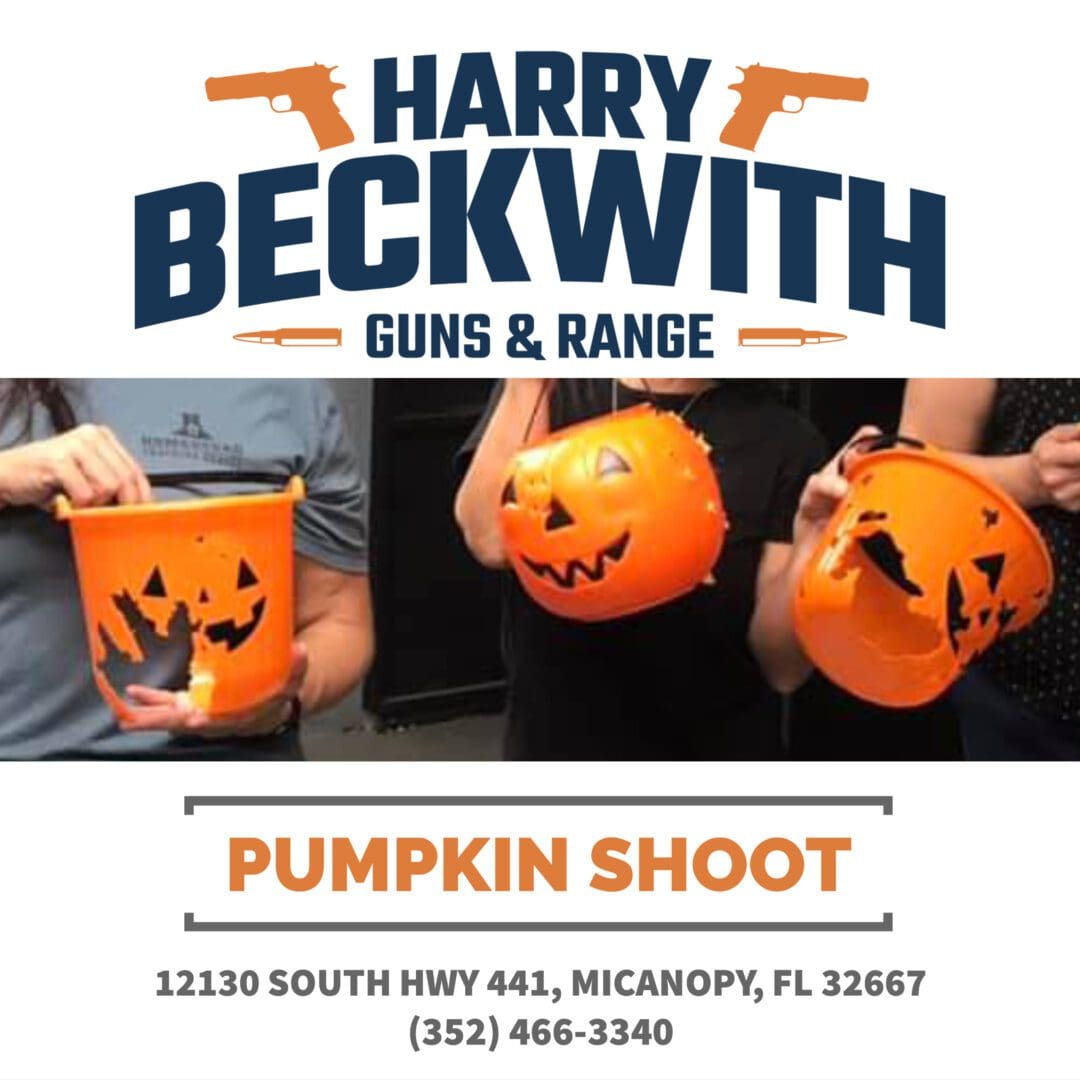 A person holding a pumpkin bucket with the words harry beckwith guns & range on it.