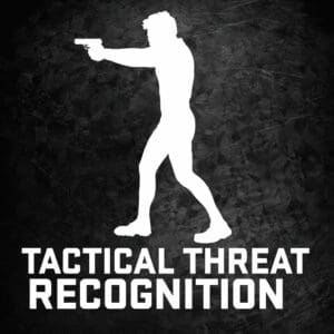 Black and White Illustration. Tactical Threat Recognition text and a man holding a pistol